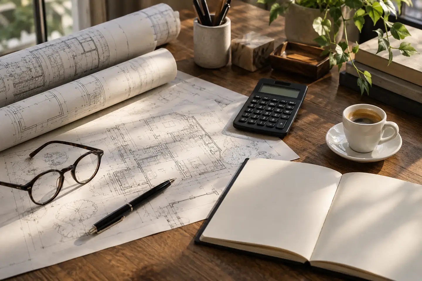 Ilustración generada de planos, libreta y calculadora en una mesa de trabajo