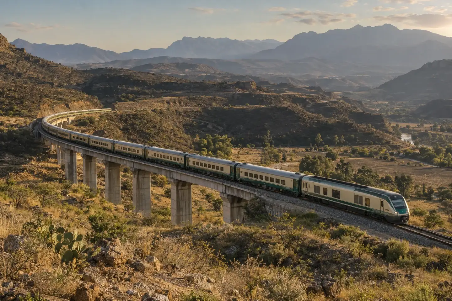 Ilustración generada de un tren de pasajeros sobre un viaducto en un paisaje montañoso mexicano